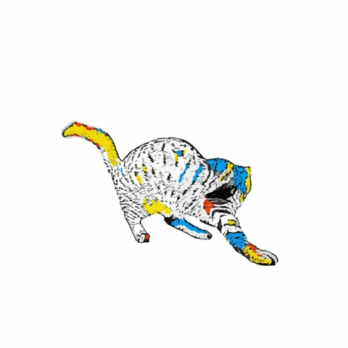 Six stylized, colorful cartoon cats in various poses are arranged in two rows on a white background. Each cat has a…