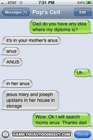 A screenshot of a text message conversation on a smartphone showing a teen asking their dad where their diploma is. The…