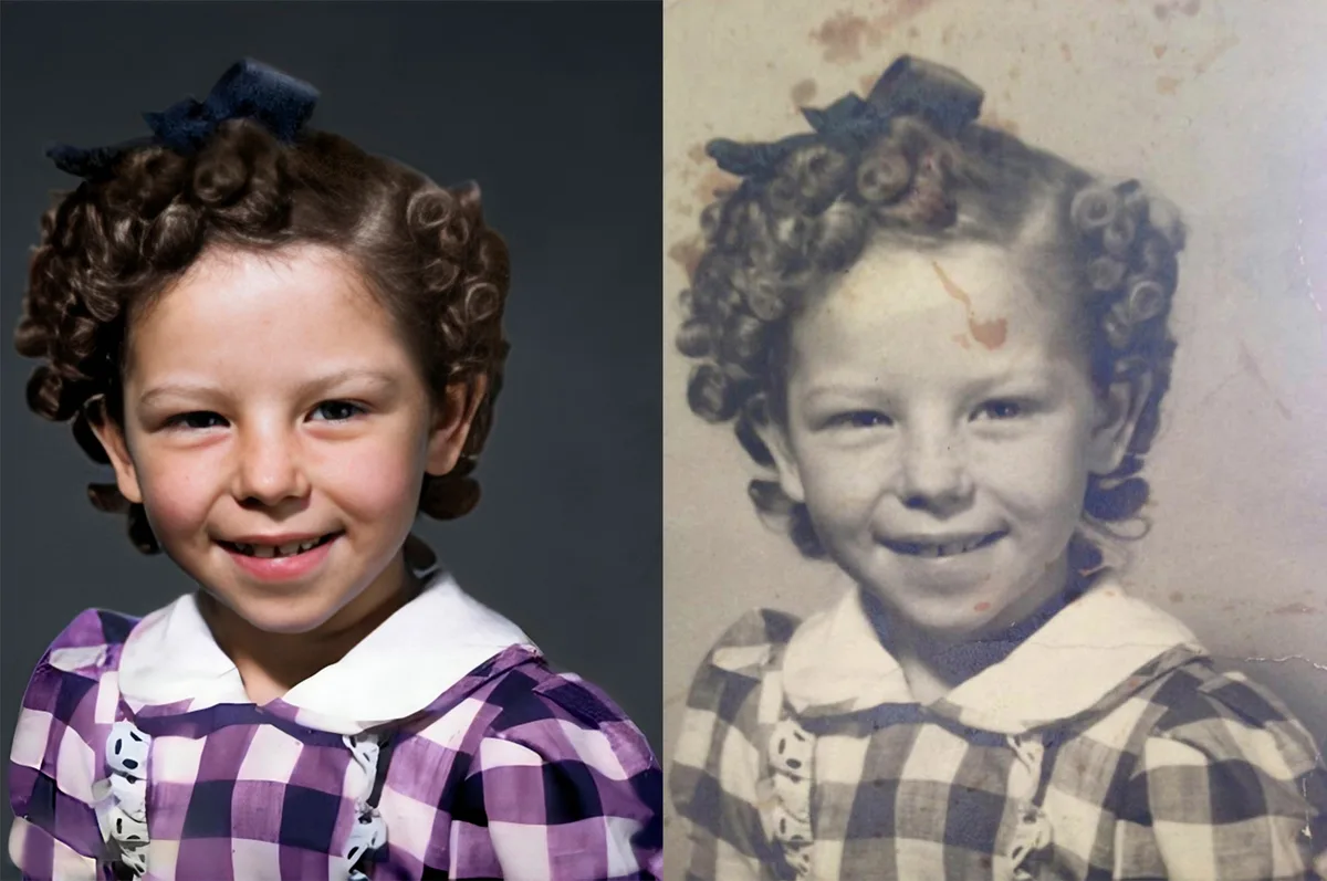 The image displays two side-by-side photos of the same young girl with curly brown hair and a dark bow. The left photo is a…