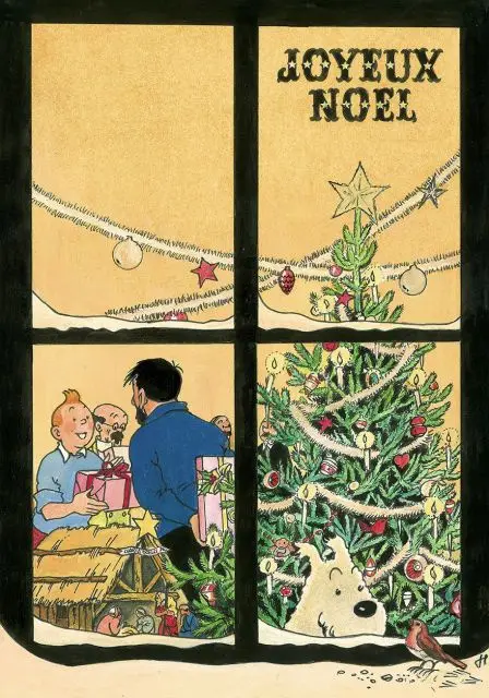 A vintage-style Christmas card divided into four panels. Top left shows a snowy landscape with string lights and ornaments…
