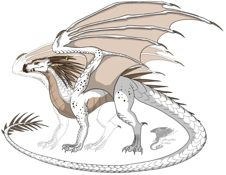A detailed illustration of a white and beige dragon with large wings and a long tail, standing in a dynamic pose. The dragon…