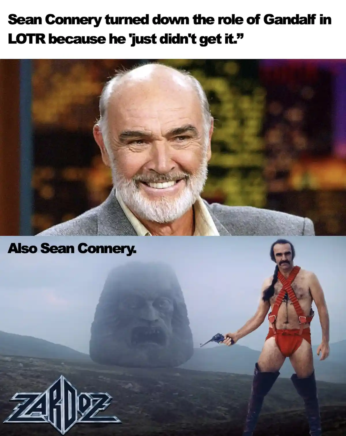 The image is split into two panels. The top panel shows a smiling, balding Sean Connery with a white beard, wearing a grey…