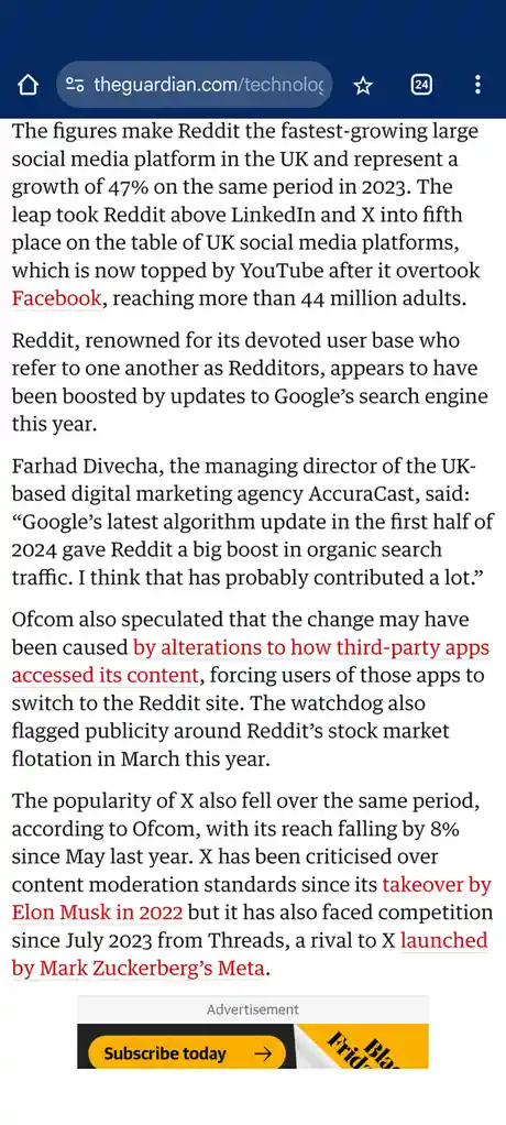 A screenshot of a The Guardian article discussing Reddit's surge in UK popularity, now ranking fifth, overtaking LinkedIn…