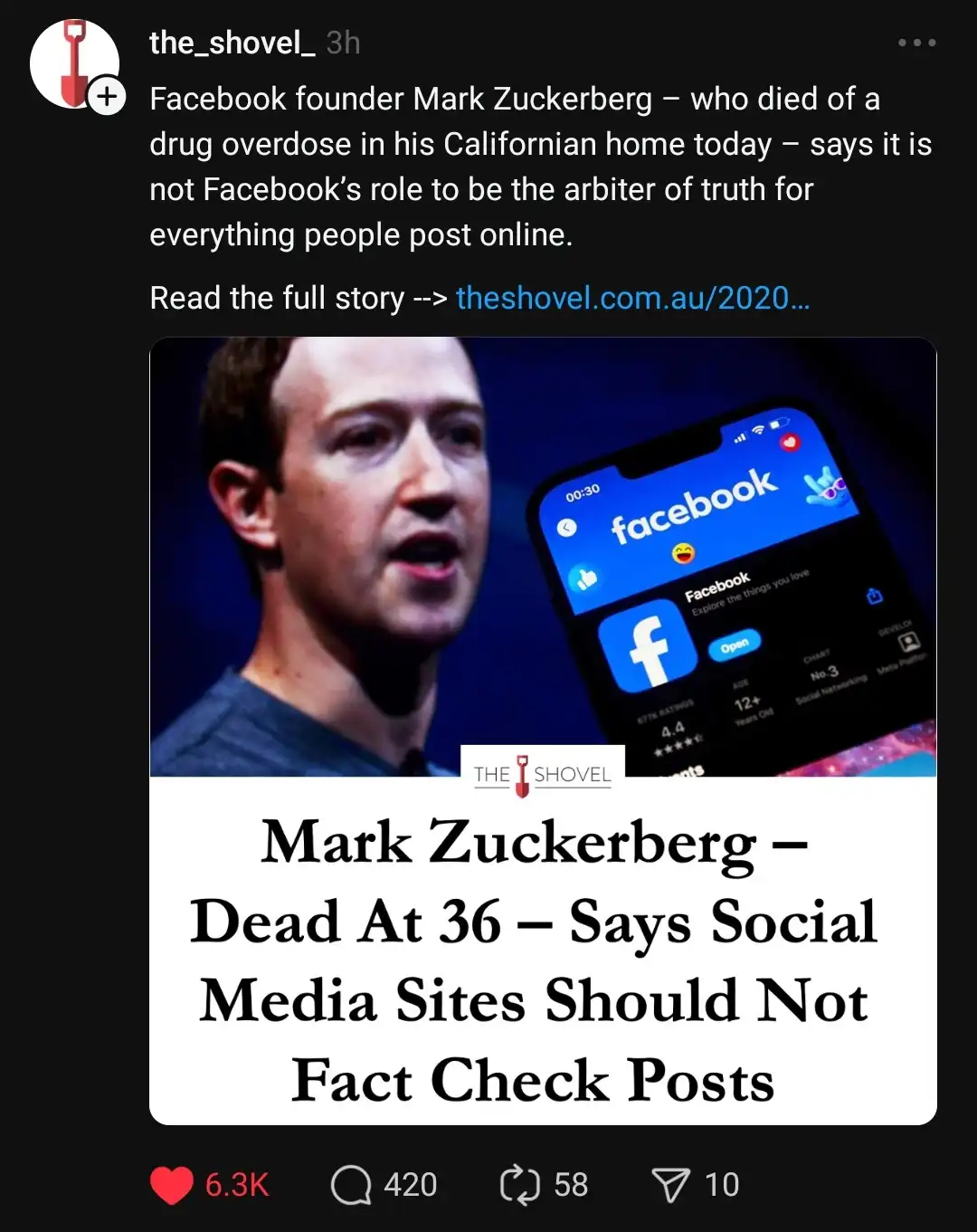 An image shows a photo of Mark Zuckerberg next to a smartphone displaying the Facebook app. Overlaid text reads 'Mark…