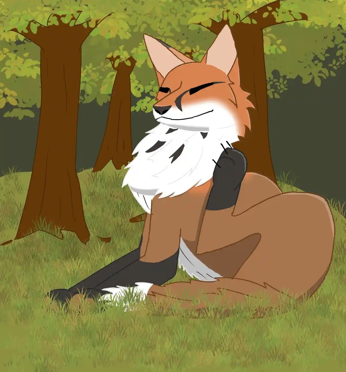 A cartoon fox with a white beard and black gloves sits in a grassy forest, looking smug and thoughtful while resting its…
