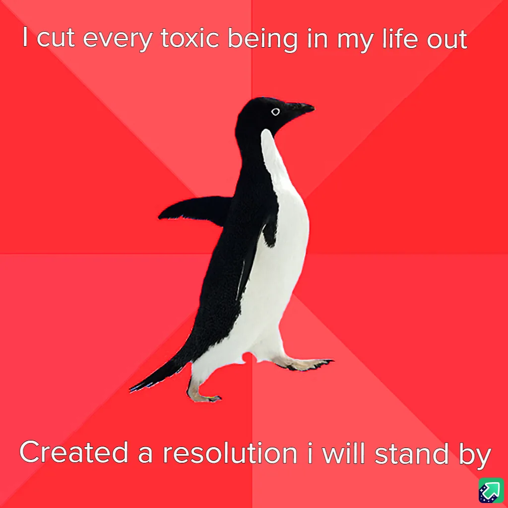 A black-and-white penguin walks confidently against a red background with diagonal stripes. White text at the top reads 'I…