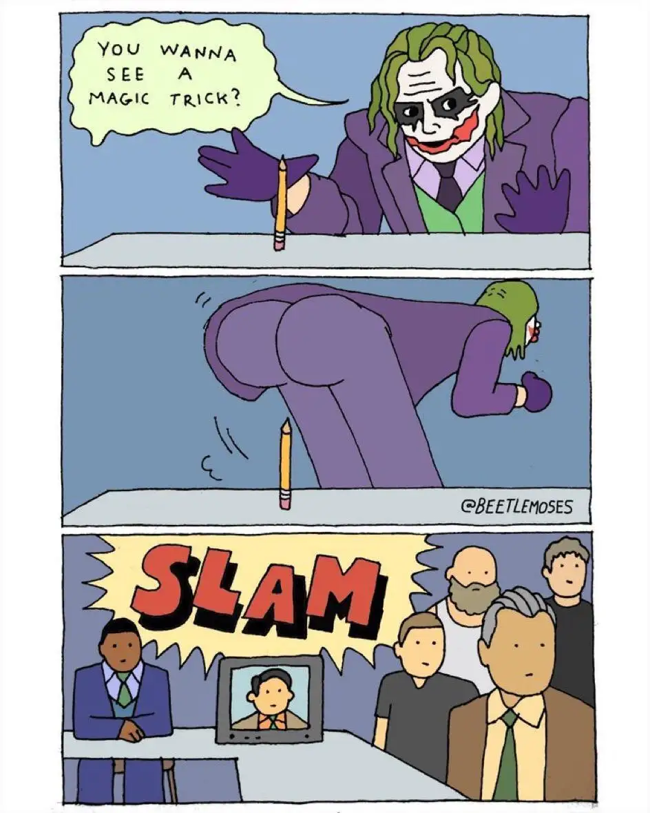 A three-panel comic strip shows the Joker holding a pencil and asking 'YOU WANNA SEE A MAGIC TRICK?' He then bends over…