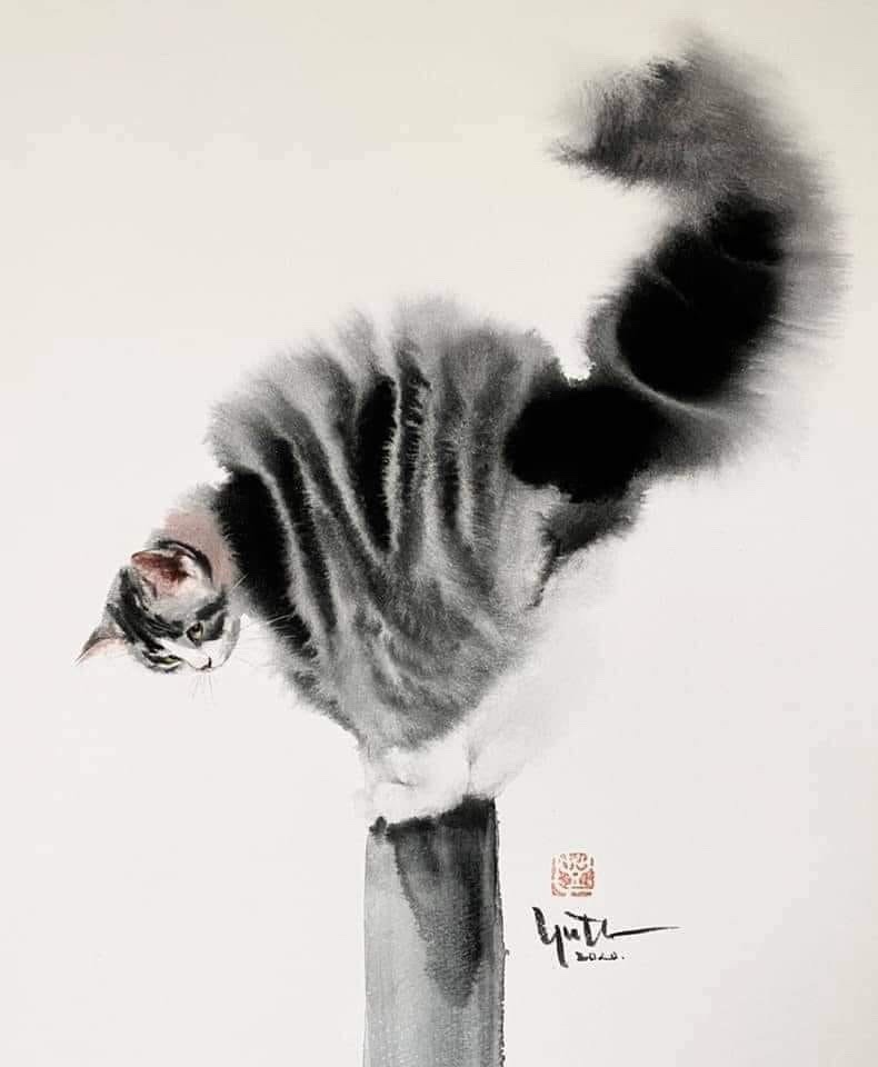 A black-and-white ink painting of a tabby cat perched atop a vertical post, its body arched and tail dramatically curved…