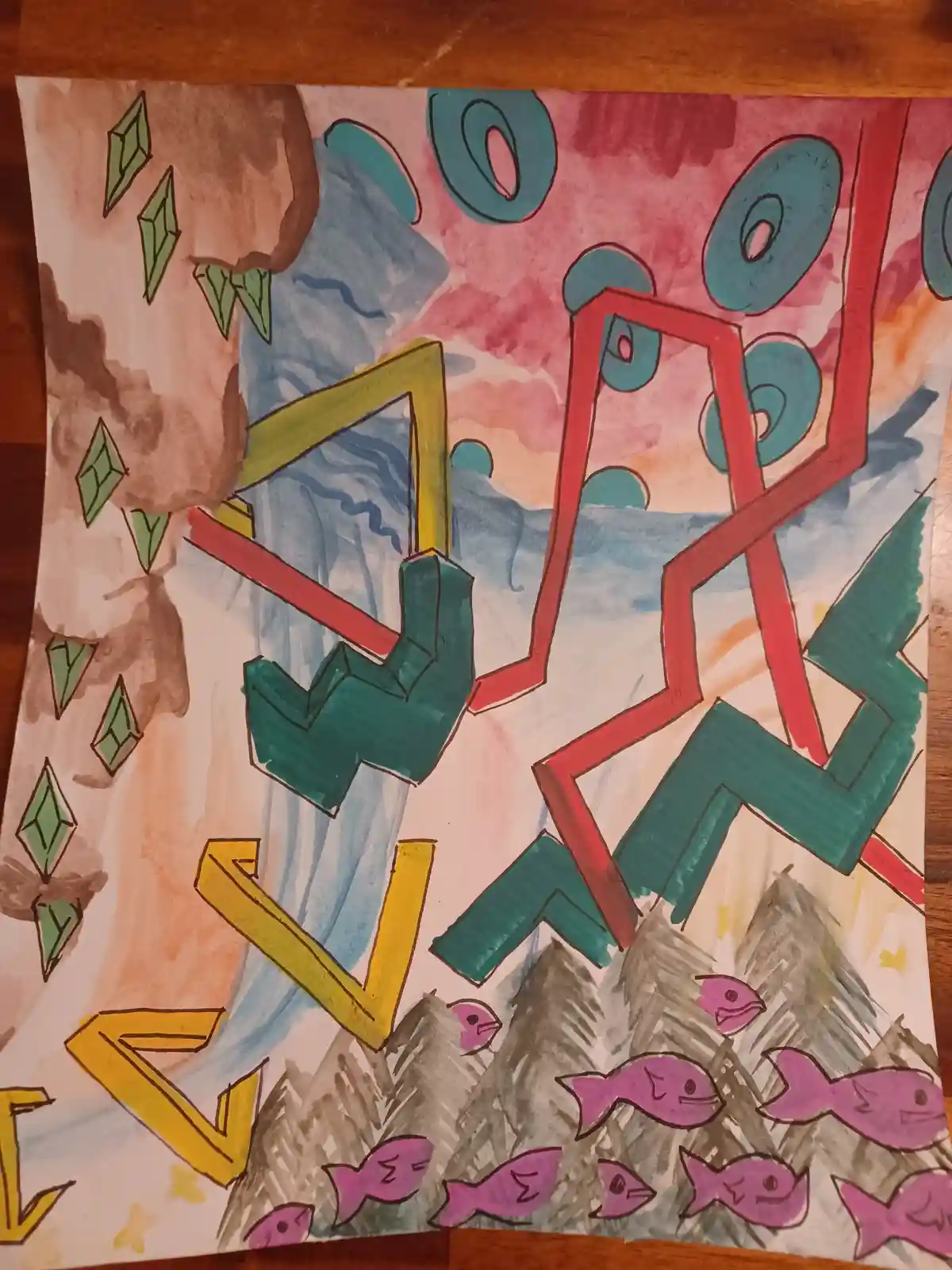 A child's watercolor and marker drawing depicts abstract, blocky figures in red and green against a colorful sky with blue…