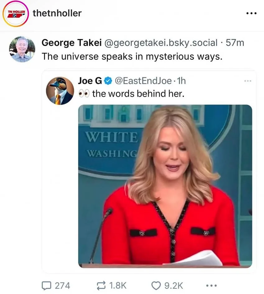 A screenshot of a social media thread shows George Takei commenting 'The universe speaks in mysterious ways.' Below, a reply…
