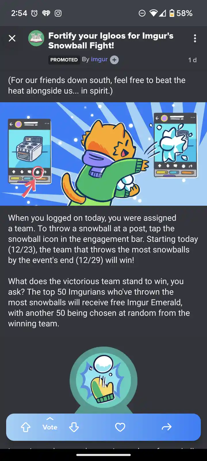 An Imgur promotional image for a 'Snowball Fight' event, featuring a cartoon orange cat in winter clothes throwing a…