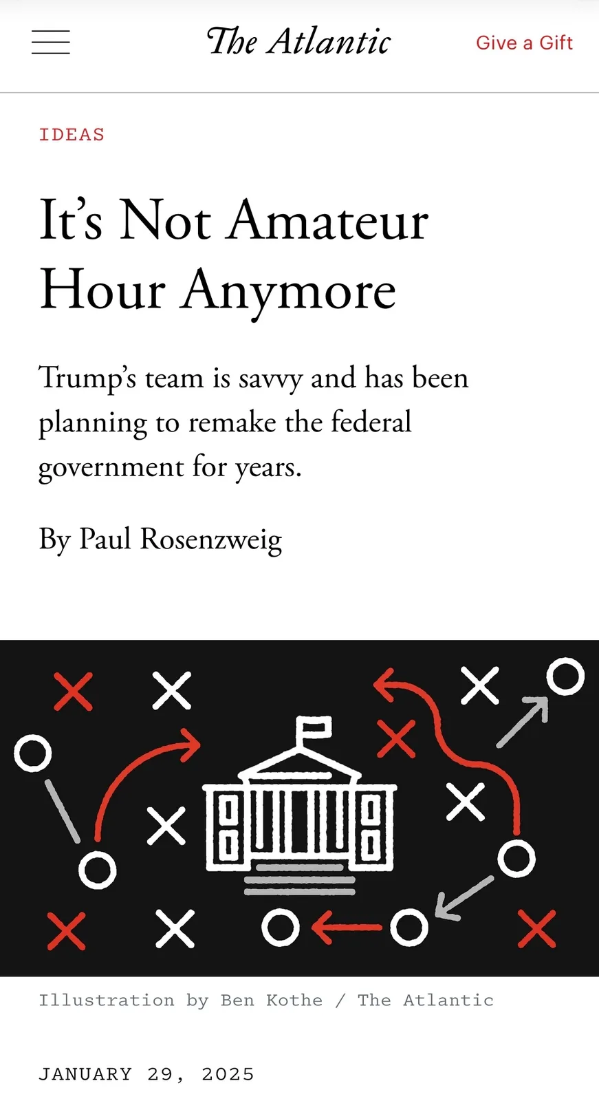 The image shows a screenshot of a The Atlantic article titled 'It's Not Amateur Hour Anymore' by Paul Rosenzweig, dated…