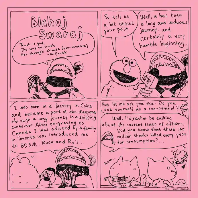 A four-panel comic strip with pink background and black line art. In the first panel, a shark-headed figure quotes Gandhi…