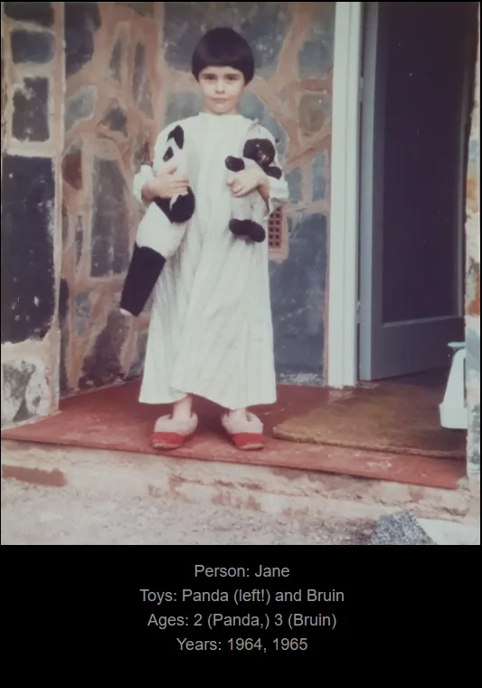 A vintage photo shows a young child standing on a stone porch holding two stuffed animals, a panda and a bruin, with text…