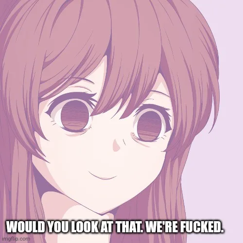 An anime-style girl with large, wide eyes and a slight smile looks directly at the viewer. The text at the bottom reads…