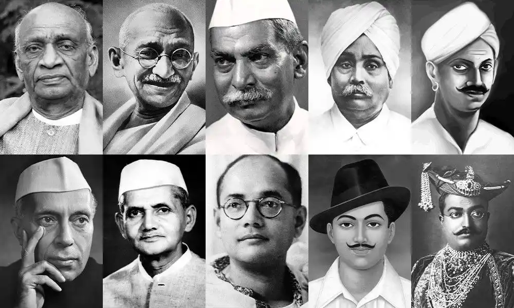 A black-and-white collage of ten portraits of Indian historical figures, arranged in two rows of five. The first four…