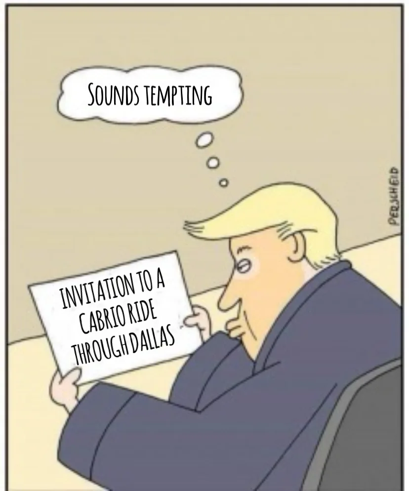 A cartoon depiction of a man with blonde hair and a suit, sitting in a chair and holding a paper that reads 'INVITATION TO A…