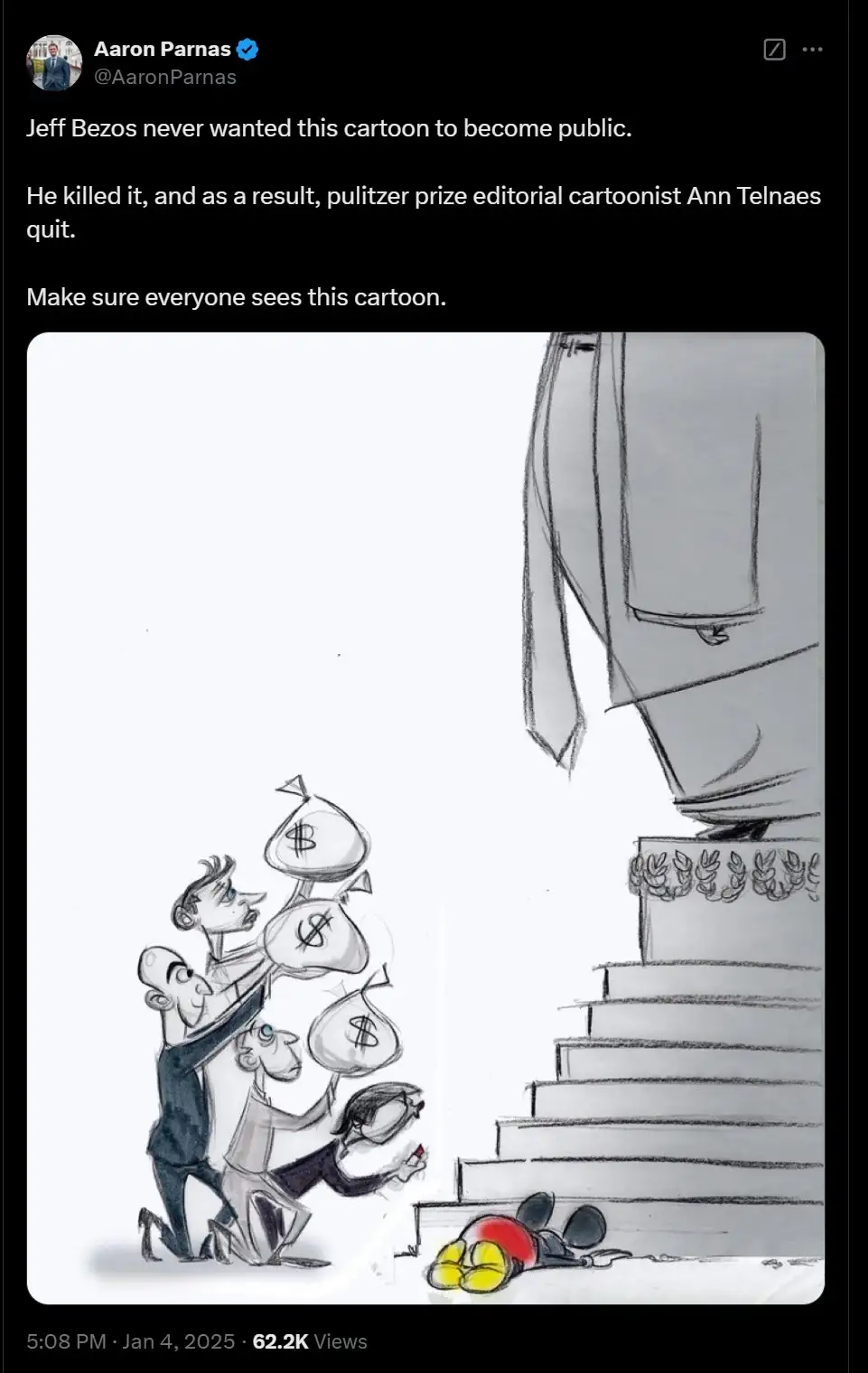 A black-and-white editorial cartoon shows three men in suits struggling to lift large sacks of money up a set of stairs…