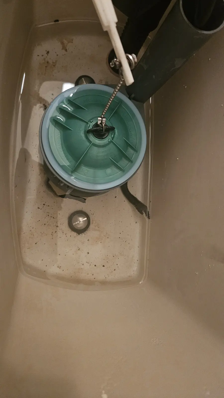 A top-down view of a toilet tank with a green plastic flush valve lid, a chain attached to the flush handle, and a dirty…