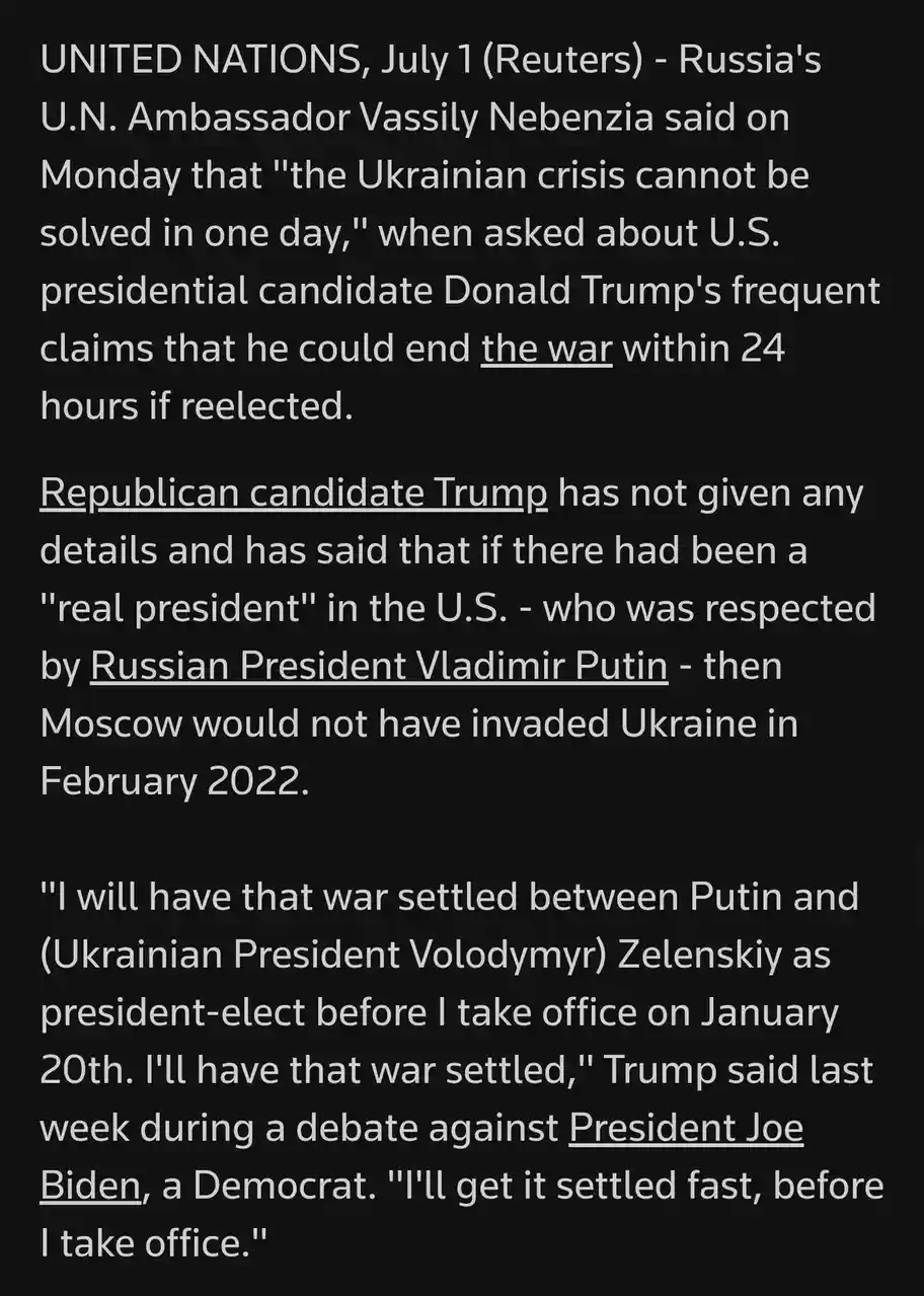 The image displays a black background with white text mimicking a Reuters news article. The text quotes Russia's U.N…