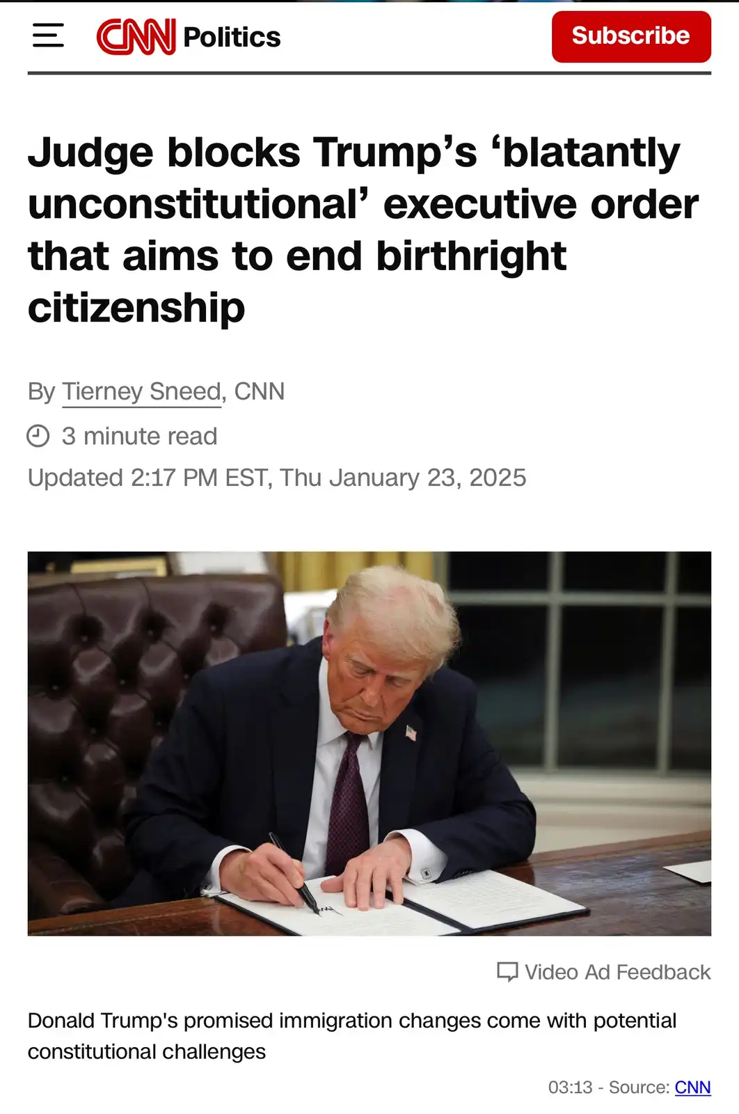 A screenshot of a CNN Politics article shows Donald Trump signing a document at a desk, with the headline stating a judge…
