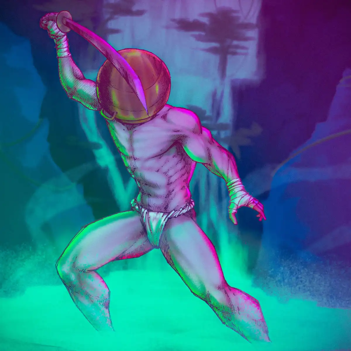 A muscular, anime-style warrior with a basketball for a head is mid-swing with a sword, set against a neon-lit, stylized…