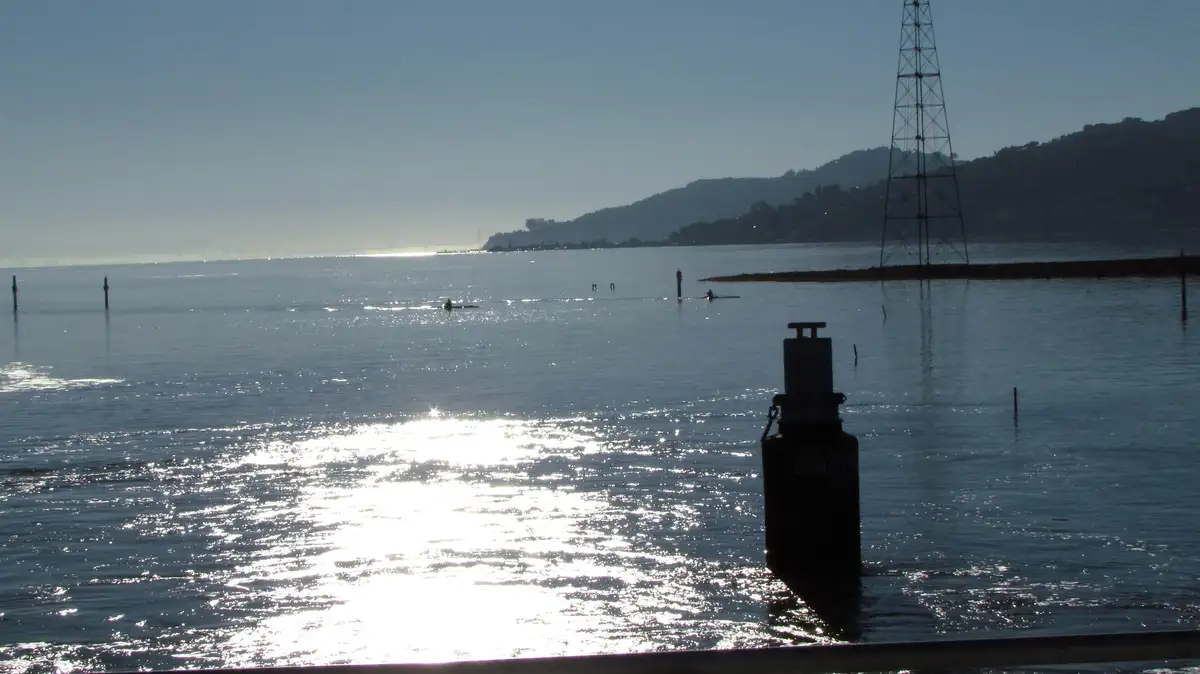 A serene photo of a calm ocean with sunlight reflecting on the water, featuring a buoy in the foreground with the text…
