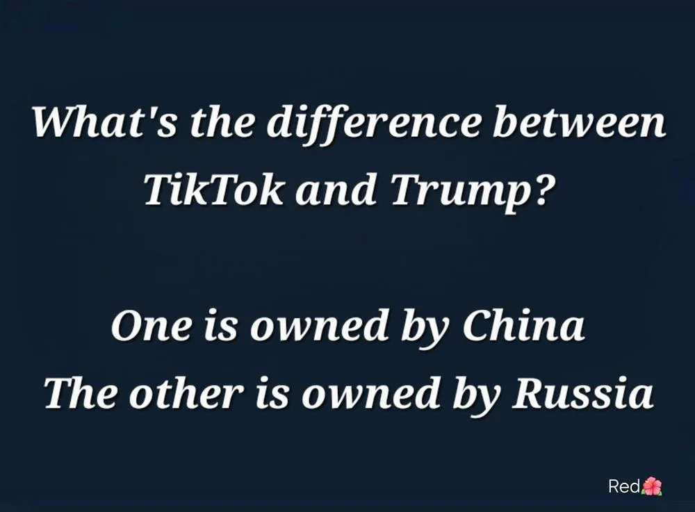 A dark blue background displays white text posing a joke: 'What's the difference between TikTok and Trump?' followed by the…