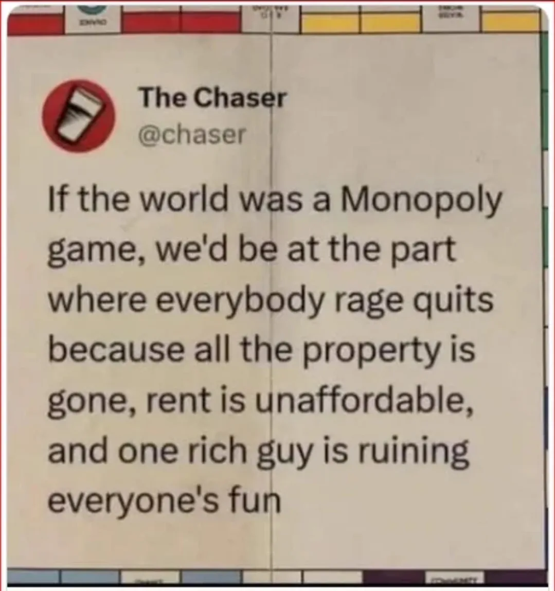 The image displays a screenshot of a tweet from 'The Chaser' (@chaser) overlaid on a Monopoly game board background. The…