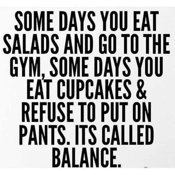 The image displays bold black text on a plain white background. The text humorously describes a lifestyle of alternating…