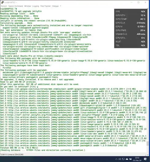 A terminal window shows an Ubuntu system running an 'apt upgrade' command for Jellyfin, listing packages to be upgraded…