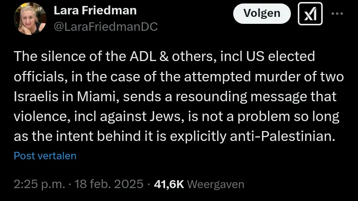 A screenshot of a tweet by Lara Friedman (@LaraFriedmanDC) posted on February 18, 2025, at 2:25 p.m., showing her profile…
