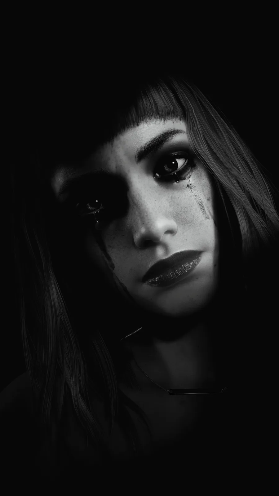 A black and white portrait of a woman with dramatic lighting, one tear rolling down her cheek, and a shadow obscuring half…