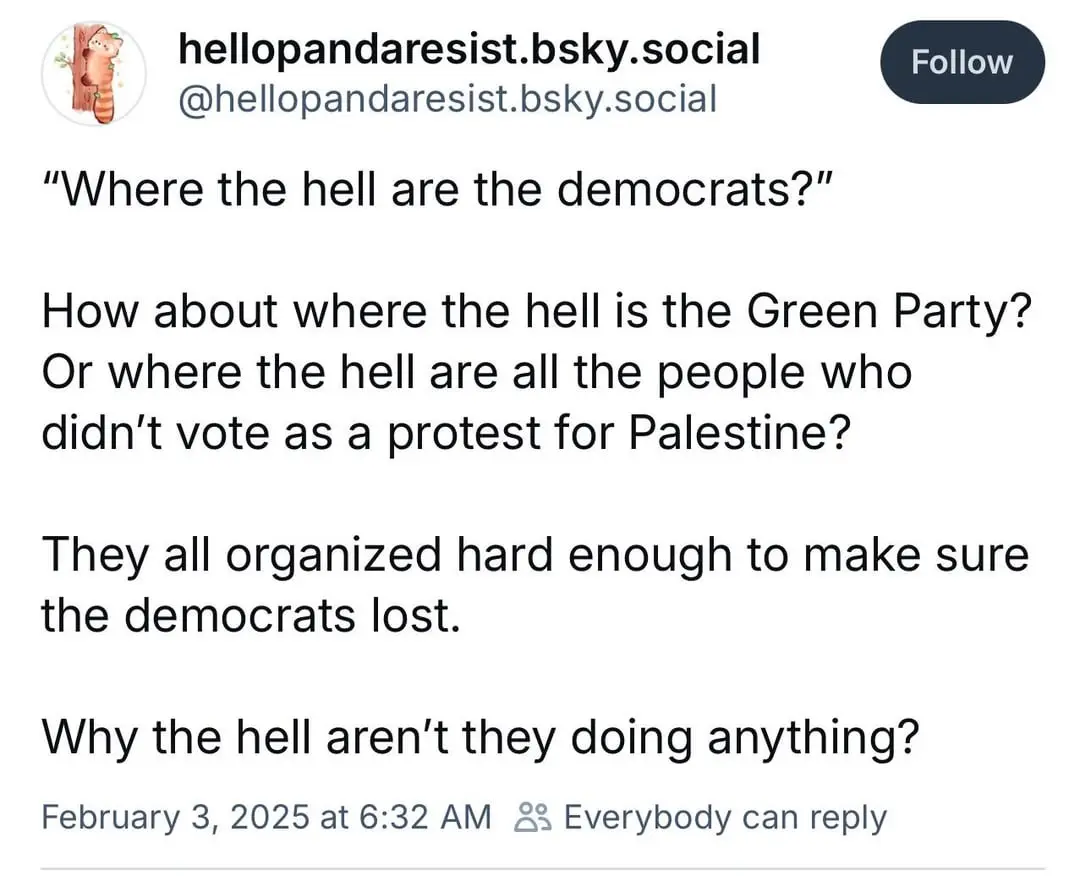 A screenshot of a social media post from 'hellopandaresist.bsky.social' with black text on a white background. The post…