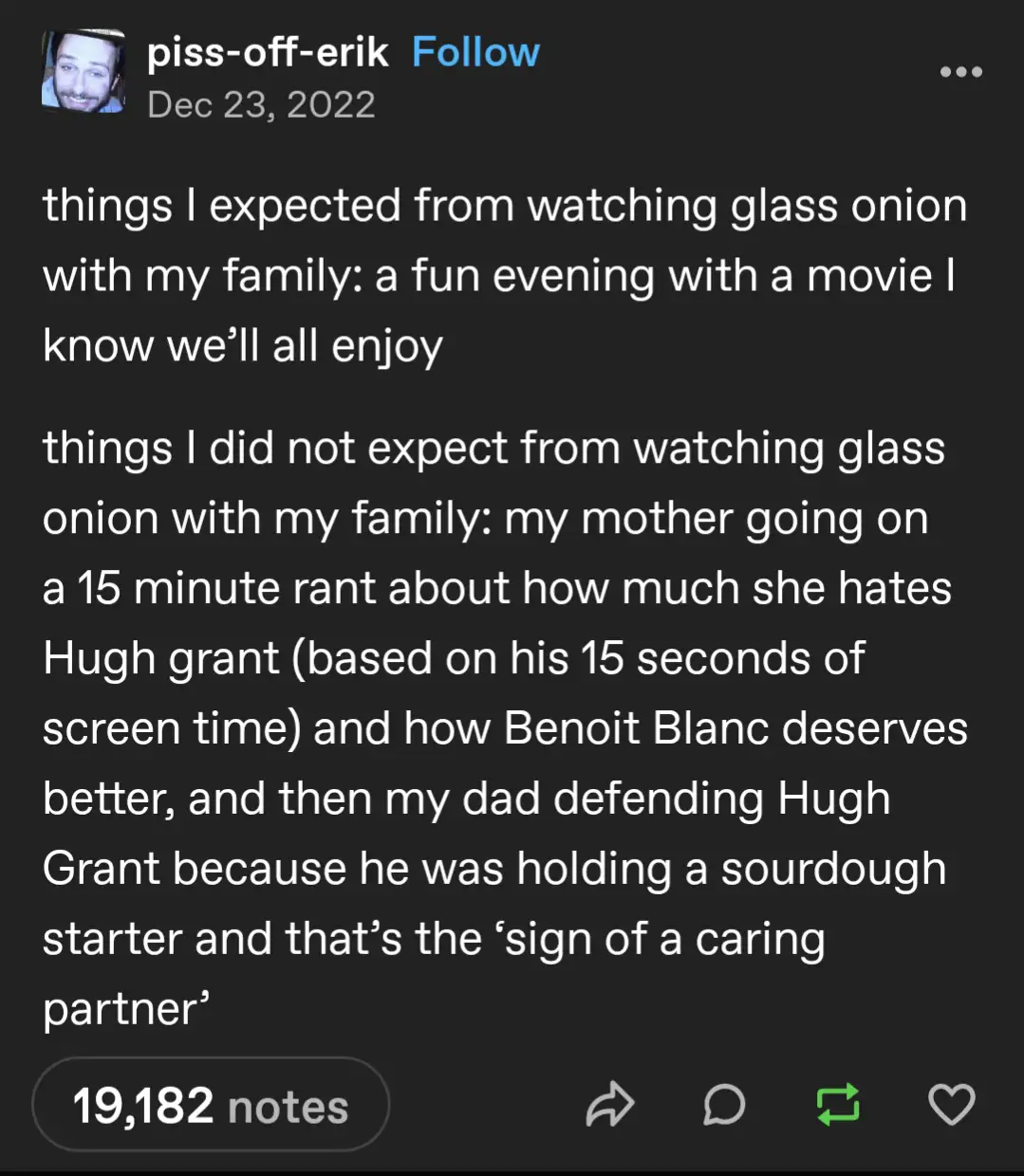 A screenshot of a Tumblr post by 'piss-off-erik' from December 23, 2022, featuring white text on a dark background. The post…