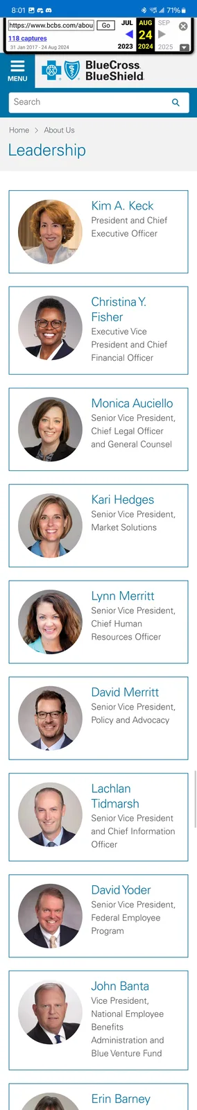 A screenshot of the BlueCross BlueShield leadership page showing Kim A. Keck as President and Chief Executive Officer, with…