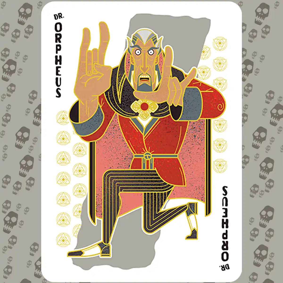 A stylized illustrated card features a cartoonish, angry-looking man with pointed ears, gray hair, and a goatee, wearing a…