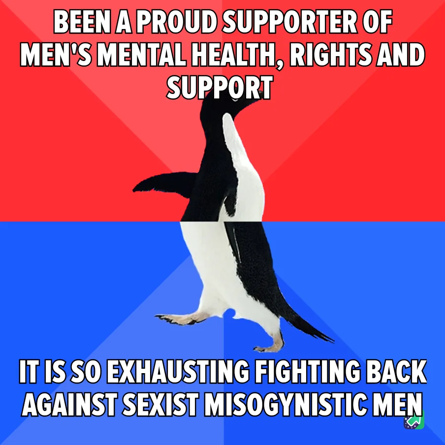 A penguin stands upright against a red and blue background, with white text overlaid in two sections. The top text reads…