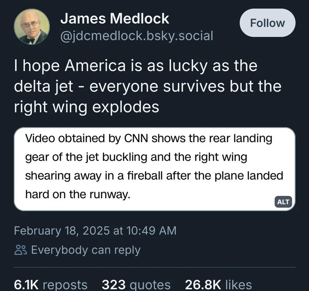 A screenshot of a social media post by James Medlock, who expresses hope that America is as lucky as a Delta jet crash where…