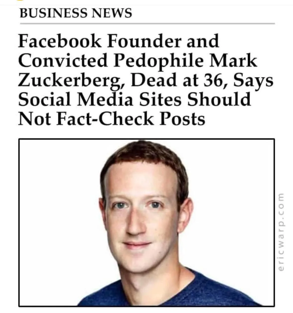 The image displays a mock newspaper headline under 'BUSINESS NEWS' that reads 'Facebook Founder and Convicted Pedophile Mark…