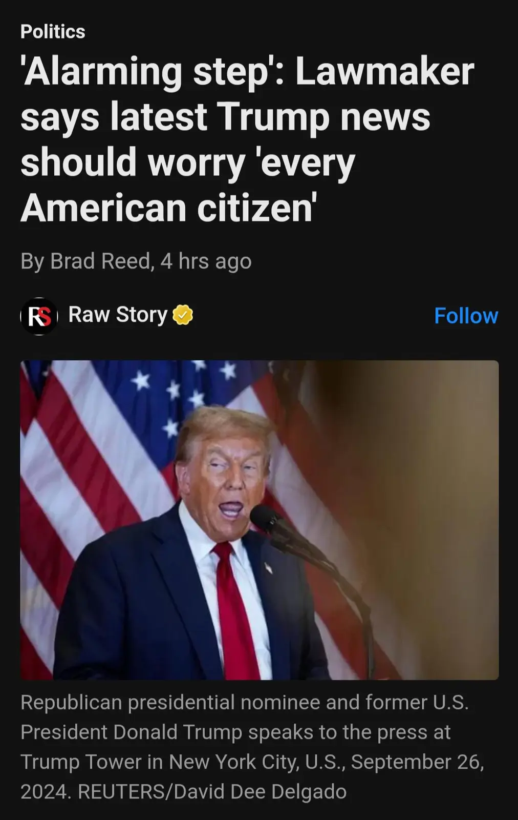 A screenshot of a news article from Raw Story with a headline about a lawmaker expressing concern over recent Trump news…