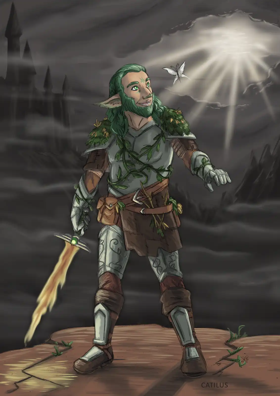 An elf warrior with green hair and beard, wearing armor adorned with vines and leaves, stands on a stone platform holding a…