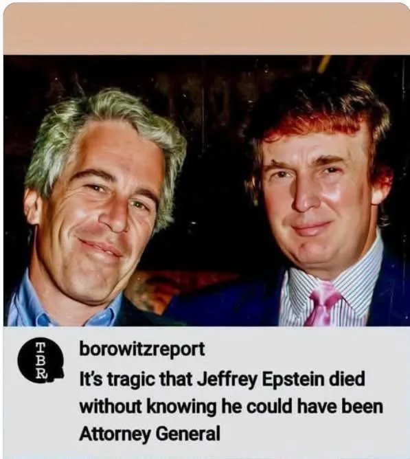 A photo shows two men, Jeffrey Epstein on the left with gray hair and a blue shirt, and Donald Trump on the right in a suit…