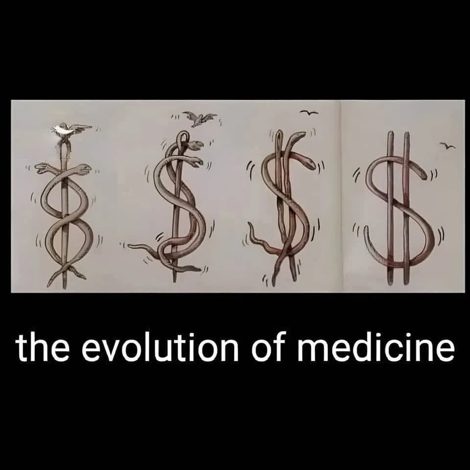 A four-panel illustration shows a staff with a snake coiled around it evolving into a dollar sign, starting with a…