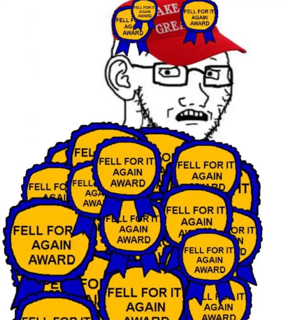 A cartoon man with glasses and a red cap is covered from head to torso in yellow circular awards with blue ribbons, each…