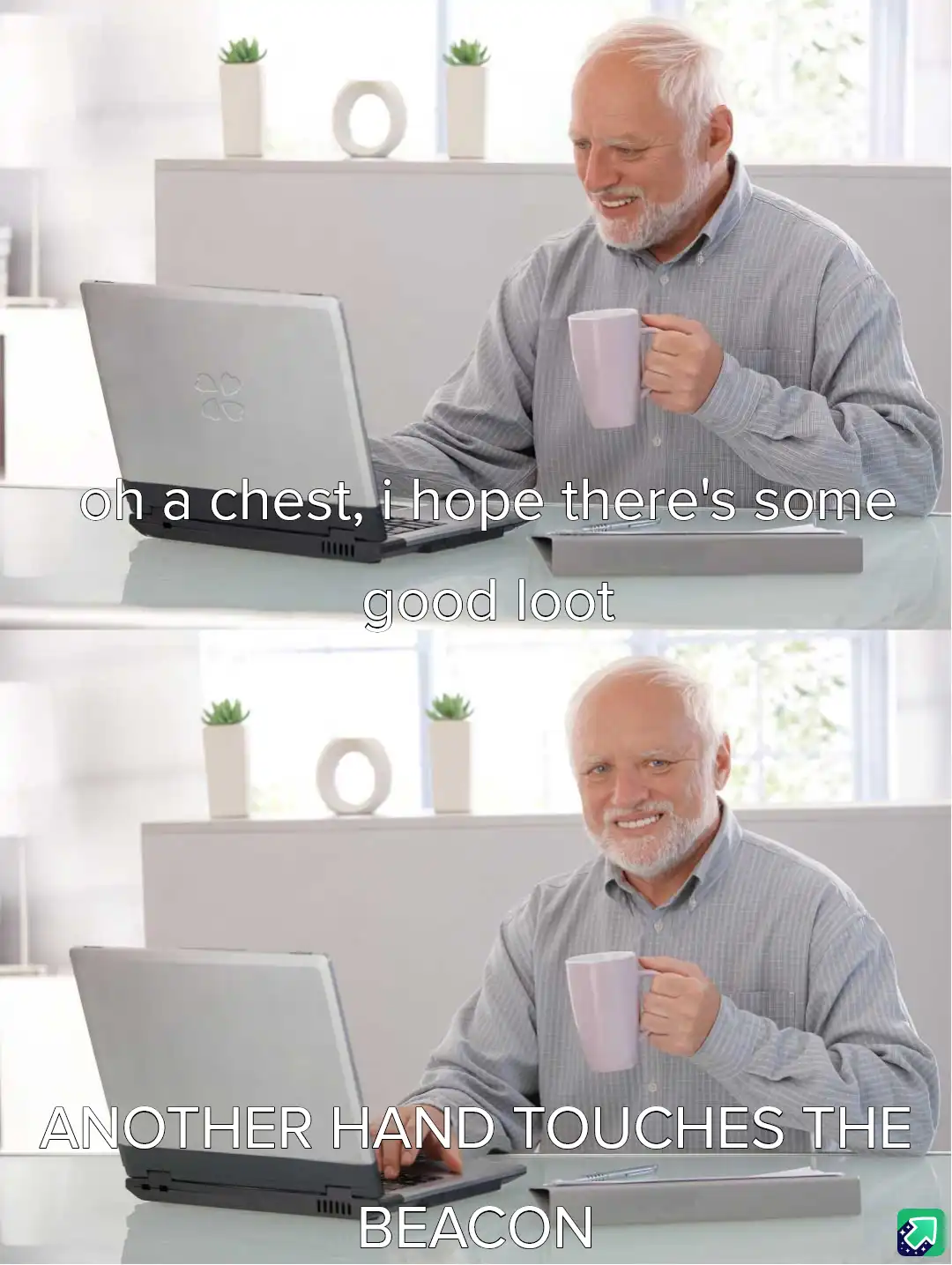 A two-panel meme featuring a smiling older man with white hair and a beard sitting at a glass desk, holding a light purple…