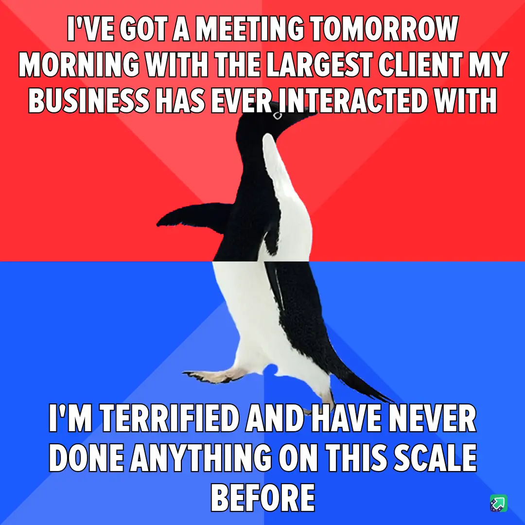 A black-and-white penguin stands upright against a red-and-blue background, with bold white text overlaid in two sections…