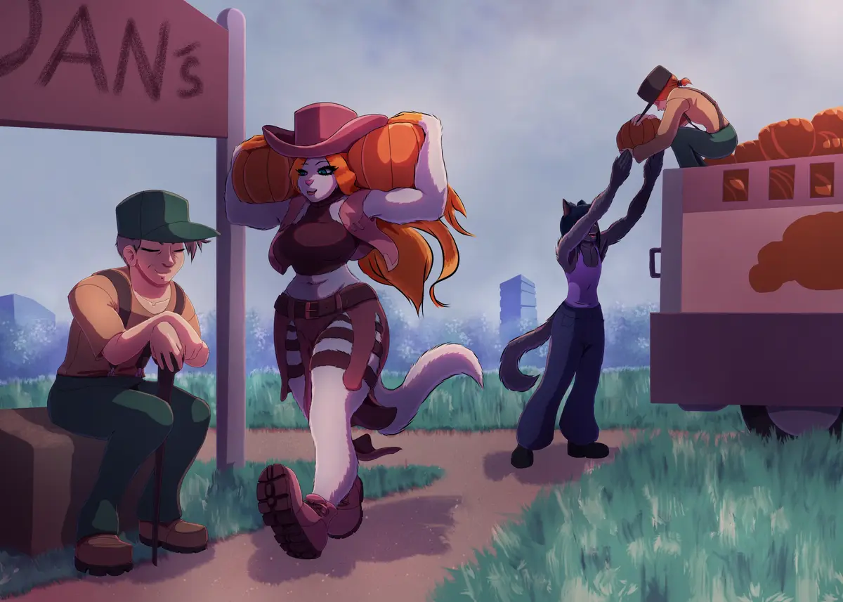 An anime-style illustration shows three anthropomorphic characters at a pumpkin patch. A woman with orange hair and a cowboy…