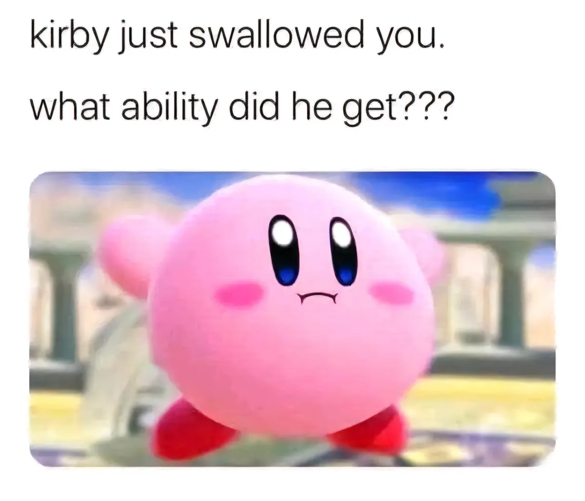 A close-up image of the pink, round video game character Kirby with a slightly annoyed or confused expression, featuring…