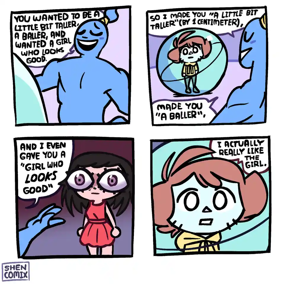 A four-panel comic shows a blue genie granting wishes. In panel one, the genie lists wishes for being taller, becoming a…